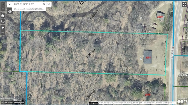 2051 Russell Rd, Muskegon, MI 49445 - aerial map of property and surrounding area with property parcel outlined