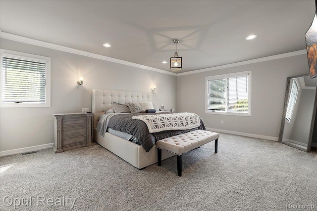 37456 Rhonswood Dr, Northville, MI 48167 - bedroom with ornamental molding, light colored carpet, baseboards, and recessed lighting
