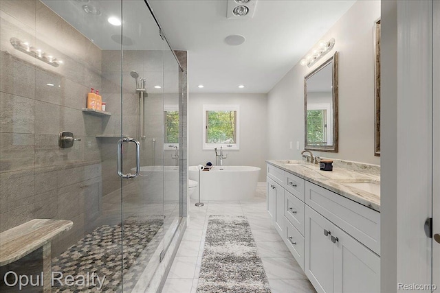 37456 Rhonswood Dr, Northville, MI 48167 - full bathroom with a stall shower, a soaking tub, double vanity, and marble finish flooring