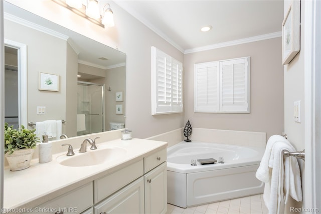 45330 Stonehedge Dr Unit 2, Plymouth, MI 48170 - bathroom featuring vanity, a bath, an enclosed shower, ornamental molding, and recessed lighting