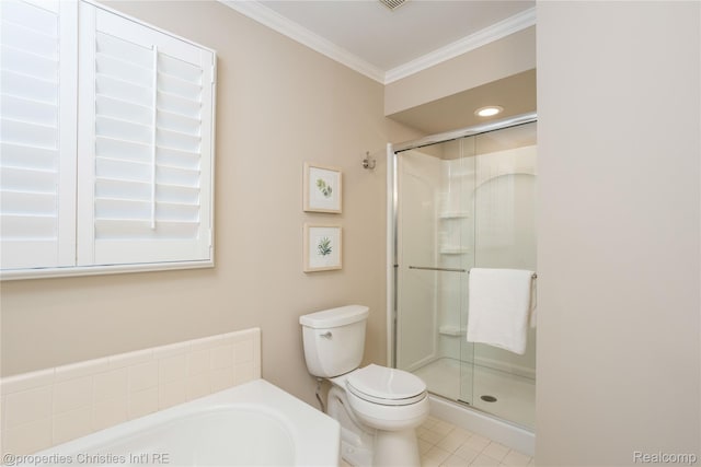 45330 Stonehedge Dr Unit 2, Plymouth, MI 48170 - bathroom featuring ornamental molding, a shower stall, a bath, and tile patterned floors