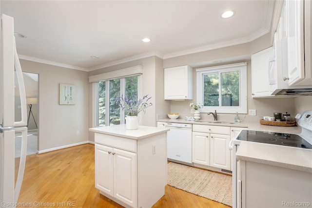 45330 Stonehedge Dr Unit 2, Plymouth, MI 48170 - kitchen with white appliances, light wood-style flooring, a kitchen island, white cabinets, and healthy amount of natural light