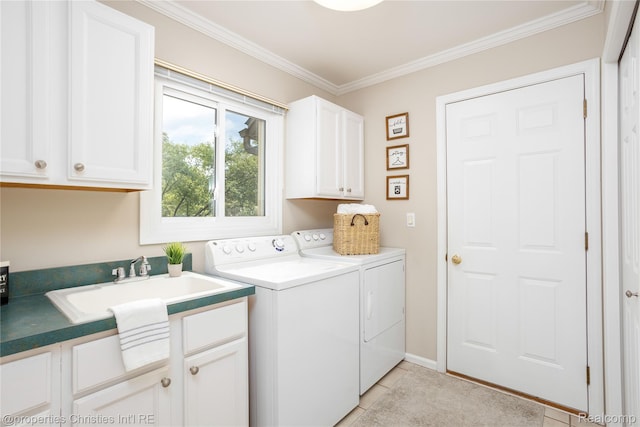 45330 Stonehedge Dr Unit 2, Plymouth, MI 48170 - laundry area featuring cabinet space, washing machine and dryer, ornamental molding, and light tile patterned floors