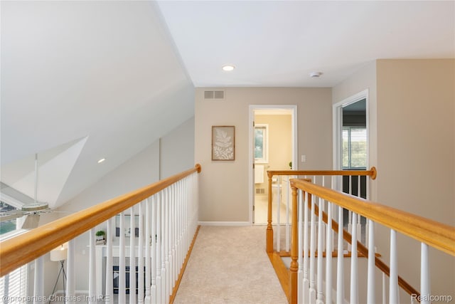 45330 Stonehedge Dr Unit 2, Plymouth, MI 48170 - hall with an upstairs landing, light colored carpet, recessed lighting, and vaulted ceiling