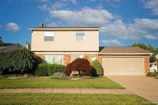 15065 Westlake St, Taylor, MI 48180 - colonial inspired home featuring brick siding, an attached garage, concrete driveway, a front lawn, and a chimney