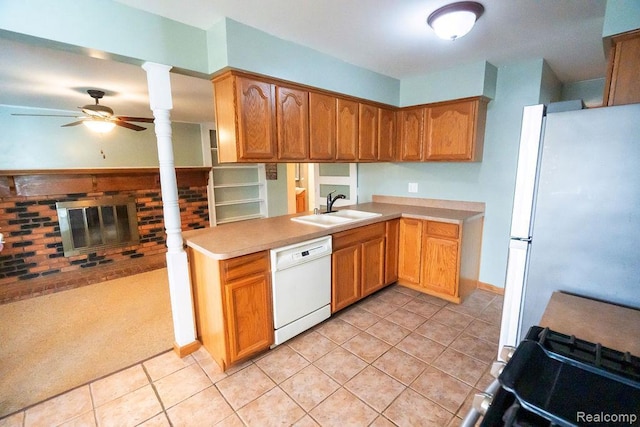 15065 Westlake St, Taylor, MI 48180 - kitchen featuring white dishwasher, freestanding refrigerator, ceiling fan, light tile patterned floors, and light countertops
