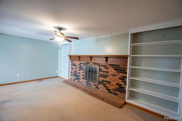 15065 Westlake St, Taylor, MI 48180 - unfurnished living room with carpet, a ceiling fan, and a brick fireplace