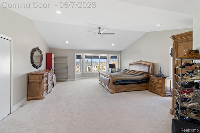 1079 Forest Bay Dr, Waterford, MI 48328 - bedroom featuring lofted ceiling, light colored carpet, a ceiling fan, baseboards, and recessed lighting