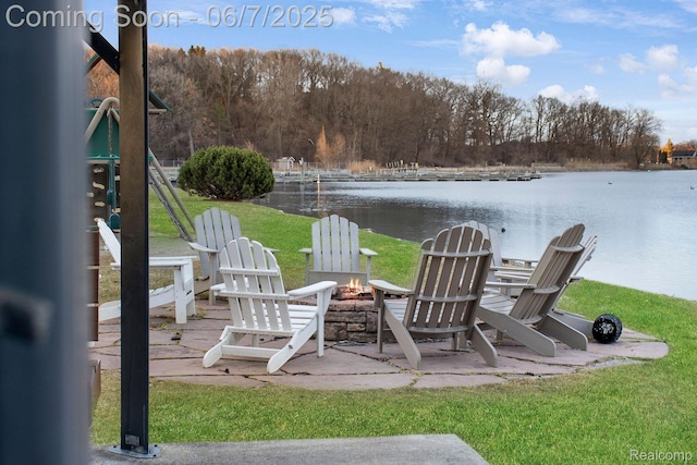 1079 Forest Bay Dr, Waterford, MI 48328 - view of patio / terrace featuring a water view and an outdoor fire pit