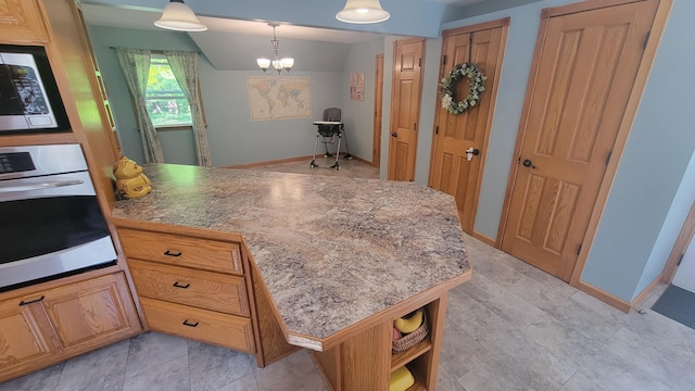 11390 Patterson Rd, Ravenna, MI 49451 - kitchen featuring stainless steel appliances, a peninsula, open shelves, baseboards, and hanging light fixtures