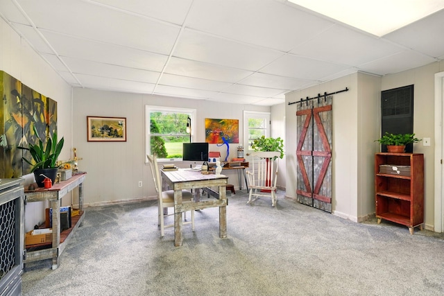 2877 Bessemer Rd, Coloma, MI 49038 - carpeted office space with a barn door, a drop ceiling, and baseboards