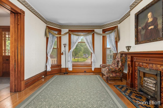 216 E Main St, Ionia, MI 48846 - living area featuring wood finished floors, a tile fireplace, and baseboards