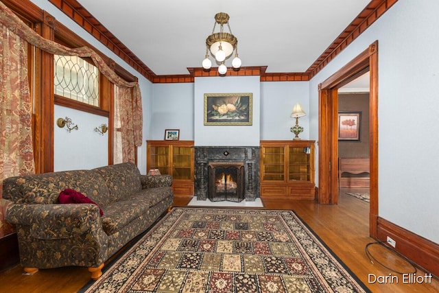 216 E Main St, Ionia, MI 48846 - living room featuring wood finished floors and a lit fireplace