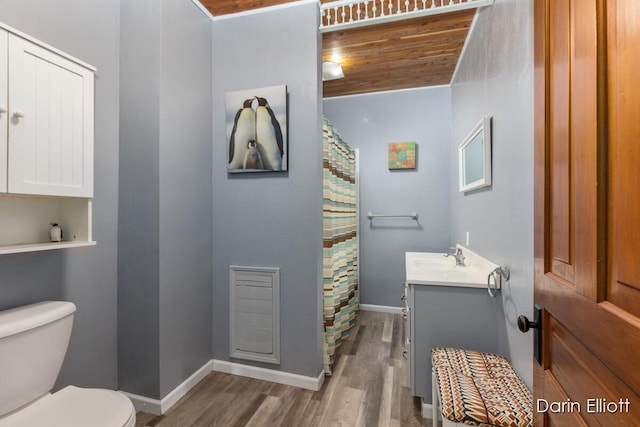 216 E Main St, Ionia, MI 48846 - full bathroom featuring wood finished floors, vanity, toilet, baseboards, and a shower with shower curtain