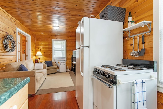 1669 Waukazoo Dr, Holland, MI 49424 - kitchen featuring white range oven, wood walls, wood finished floors, open floor plan, and wooden ceiling