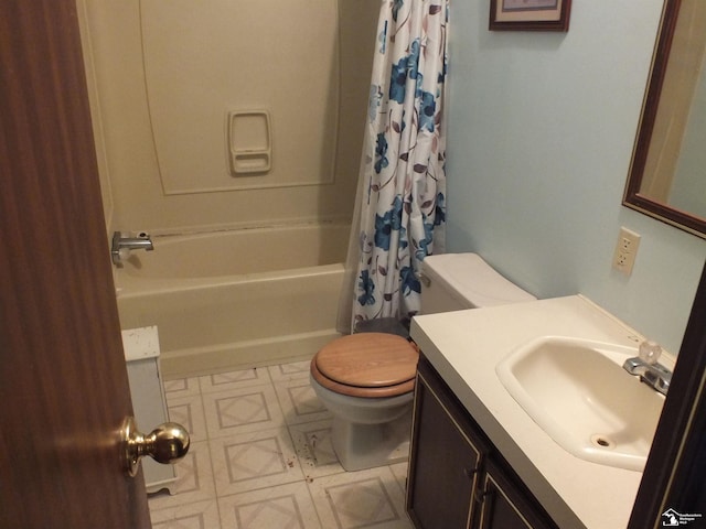 411 Norwood Dr, Monroe, MI 48161 - bathroom with toilet, shower / bath combination with curtain, vanity, and tile patterned floors