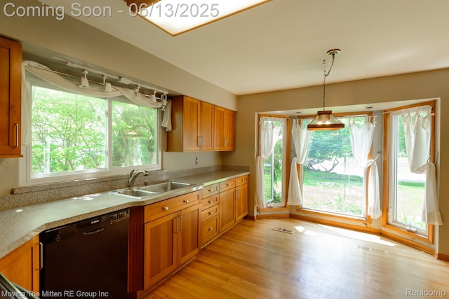 5590 Bayswater Rd, West Bloomfield, MI 48322 - kitchen with dishwasher, light wood-style flooring, brown cabinetry, light countertops, and hanging light fixtures