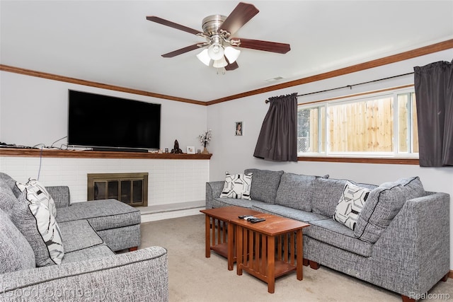 32712 Columbus Dr, Warren, MI 48088 - living area featuring light carpet, a ceiling fan, ornamental molding, and a brick fireplace