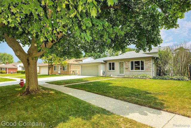 32712 Columbus Dr, Warren, MI 48088 - single story home featuring an attached garage, driveway, brick siding, a front lawn, and a chimney