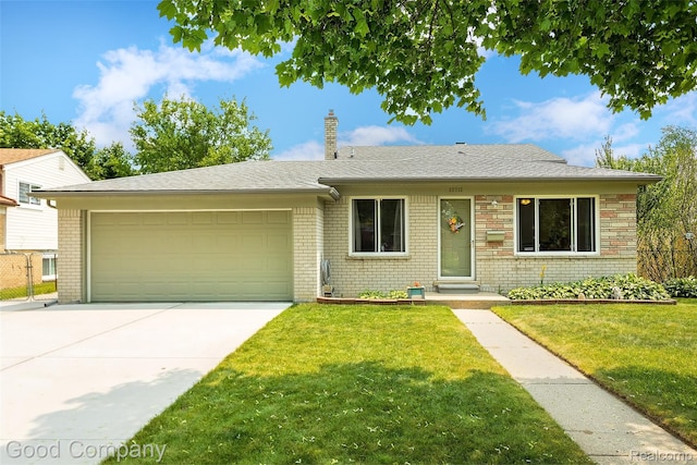 32712 Columbus Dr, Warren, MI 48088 - view of front facade featuring brick siding, an attached garage, a chimney, driveway, and roof with shingles