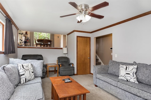 32712 Columbus Dr, Warren, MI 48088 - living room with carpet, stairs, ceiling fan, and ornamental molding