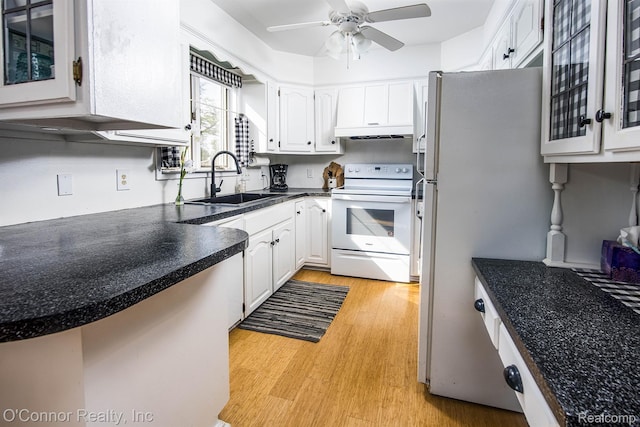 105 Gratiot Blvd, Marysville, MI 48040 - kitchen featuring white appliances, a sink, light wood-type flooring, a ceiling fan, and glass insert cabinets