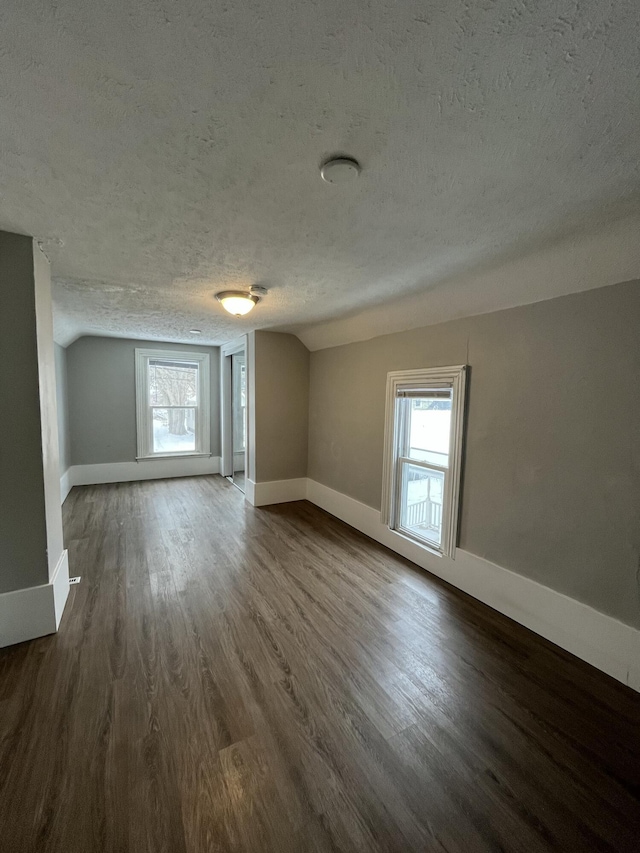 846 Lafayette Ave NE, Grand Rapids, MI 49503 - empty room featuring a textured ceiling, dark wood-style floors, baseboards, and vaulted ceiling