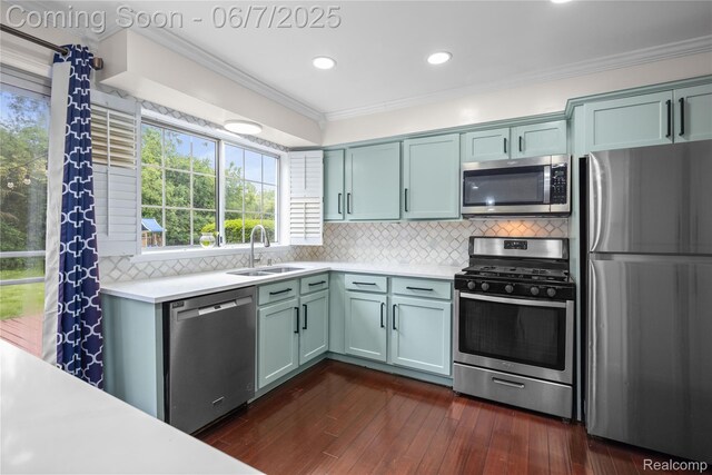1633 Fleetwood Dr, Troy, MI 48098 - kitchen with appliances with stainless steel finishes, a sink, light countertops, crown molding, and plenty of natural light