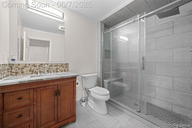 1633 Fleetwood Dr, Troy, MI 48098 - full bathroom with vanity, toilet, a stall shower, decorative backsplash, and ornamental molding