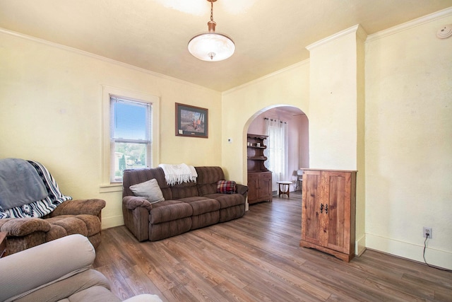 202 Maple St, Three Oaks, MI 49128 - living room featuring arched walkways, crown molding, wood finished floors, and baseboards