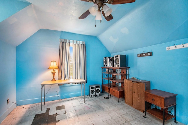 202 Maple St, Three Oaks, MI 49128 - home office featuring lofted ceiling, ceiling fan, and tile patterned floors