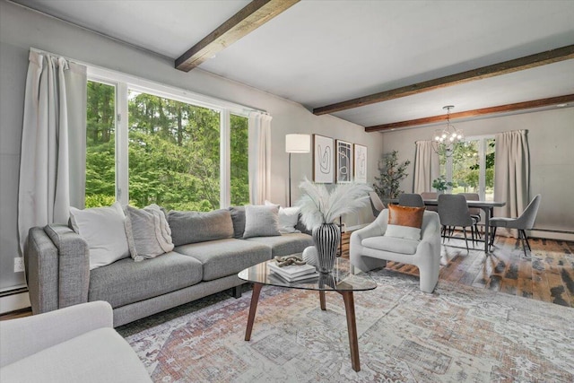 12270 Linden Ave, Sawyer, MI 49125 - living area featuring a chandelier, healthy amount of natural light, beamed ceiling, wood finished floors, and baseboard heating