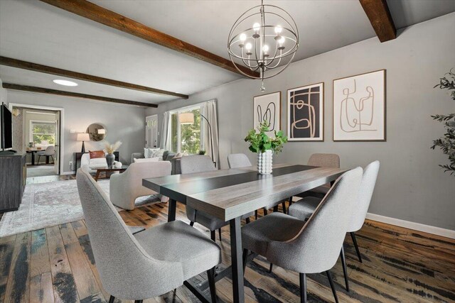12270 Linden Ave, Sawyer, MI 49125 - dining room featuring beam ceiling, plenty of natural light, baseboards, wood-type flooring, and a chandelier