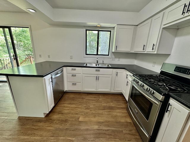 7362 30th St SE, Ada, MI 49301 - kitchen with stainless steel appliances, a sink, a peninsula, and dark countertops