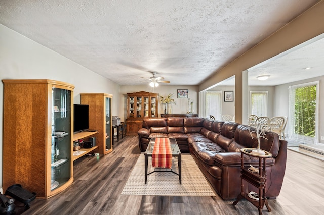 50902 Magician Lk Rd, Dowagiac, MI 49047 - living room featuring a textured ceiling, wood finished floors, and a ceiling fan