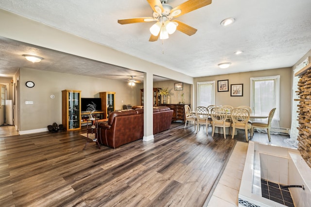 50902 Magician Lk Rd, Dowagiac, MI 49047 - living area with a textured ceiling, a ceiling fan, wood finished floors, and baseboards