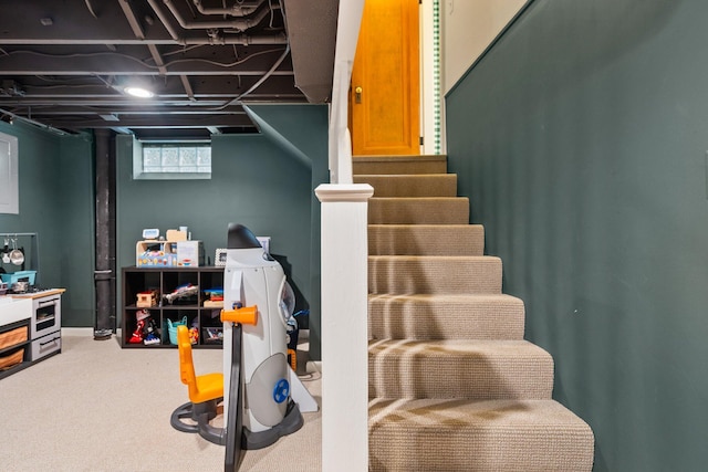1512 Shadford Rd, Ann Arbor, MI 48104 - below grade area with carpet flooring and stairway