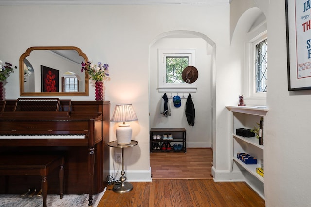 1512 Shadford Rd, Ann Arbor, MI 48104 - living area with baseboards, wood finished floors, and arched walkways