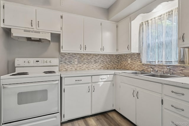 1621 Greenbrook Ln, Flint, MI 48507 - kitchen featuring white range with electric stovetop, under cabinet range hood, light countertops, and tasteful backsplash