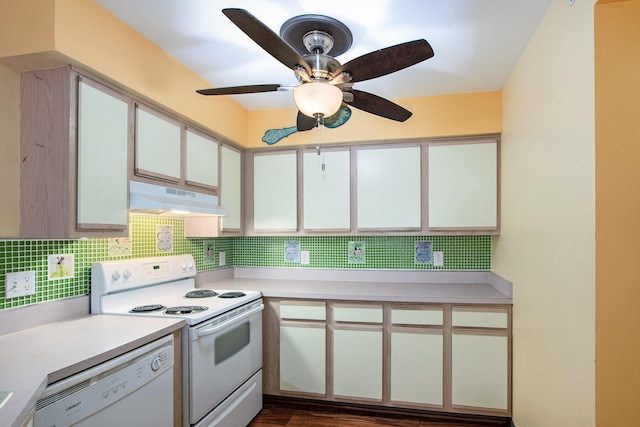 18372 N Ridge Ct Unit 12, Spring Lake, MI 49456 - kitchen featuring under cabinet range hood, white appliances, light countertops, decorative backsplash, and white cabinets