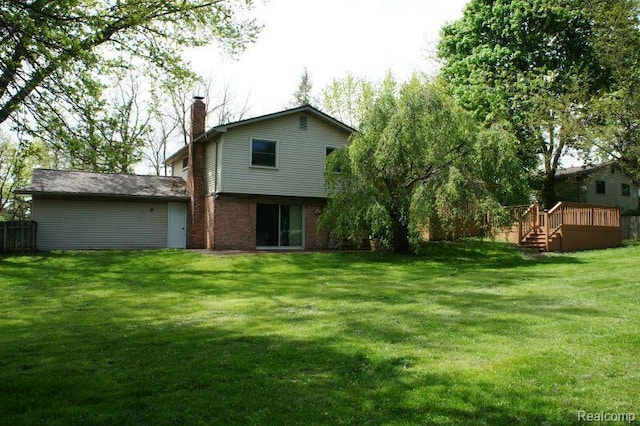 1616 Mark Hopkins Rd, Bloomfield Hills, MI 48302 - rear view of house with a chimney, a deck, a yard, and brick siding
