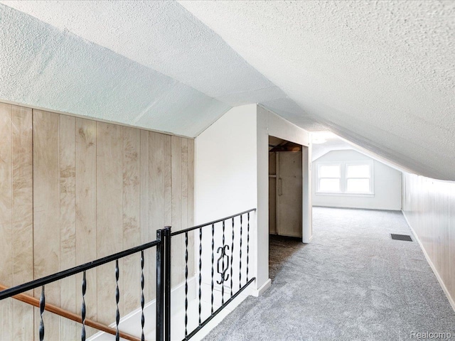641 Michigan Ave, Marysville, MI 48040 - additional living space featuring vaulted ceiling, wood walls, a textured ceiling, and carpet floors
