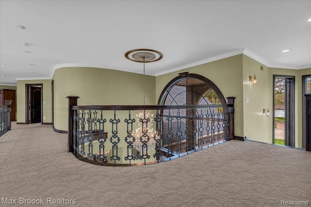 985 James K Blvd, Pontiac, MI 48341 - hallway featuring carpet, baseboards, an upstairs landing, ornamental molding, and recessed lighting