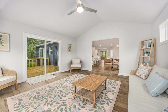 LOT166 Wren Ct, Caledonia, MI 49316 - living area with healthy amount of natural light, ceiling fan, wood finished floors, and high vaulted ceiling