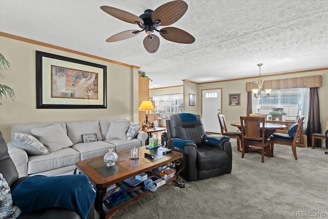 11091 Aspen Ct, South Lyon, MI 48178 - living room with ornamental molding, a chandelier, light carpet, a ceiling fan, and a textured ceiling