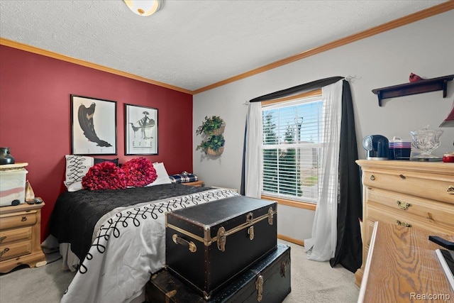 11091 Aspen Ct, South Lyon, MI 48178 - bedroom featuring light colored carpet, ornamental molding, a textured ceiling, and baseboards