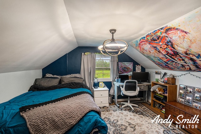 9386 N Vandecar Rd, Farwell, MI 48622 - bedroom featuring vaulted ceiling and an office area