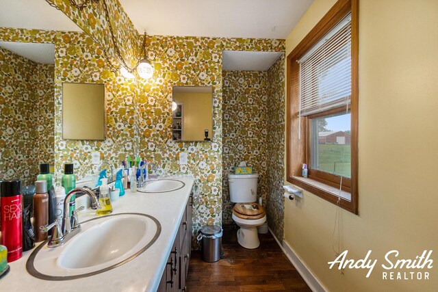 9386 N Vandecar Rd, Farwell, MI 48622 - full bathroom featuring toilet, double vanity, wood finished floors, and baseboards