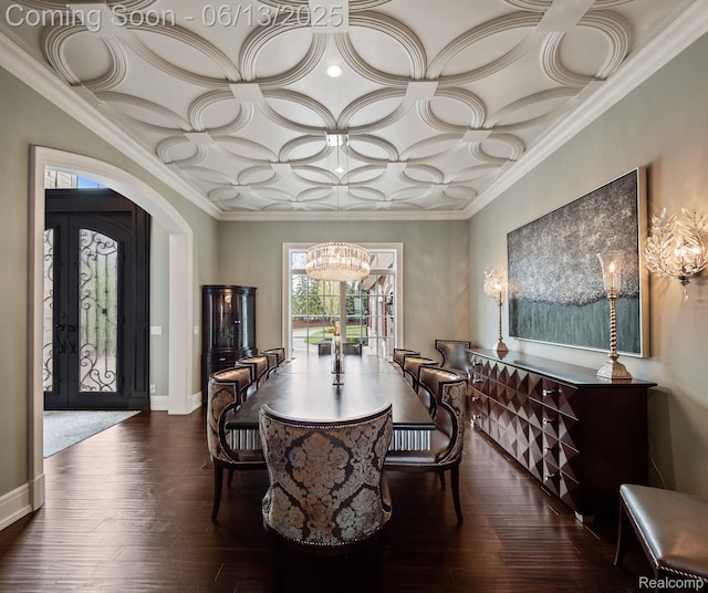 2750 Turtle Bluff Dr, Bloomfield Hills, MI 48302 - dining room with arched walkways, a chandelier, wood-type flooring, coffered ceiling, and french doors