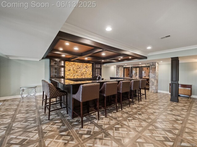 2750 Turtle Bluff Dr, Bloomfield Hills, MI 48302 - community bar area featuring crown molding, recessed lighting, coffered ceiling, ornate columns, and beam ceiling